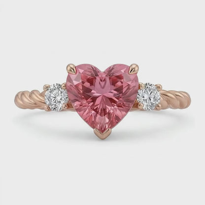 Heart Padparadscha and White Diamond Three Stone Ring Natural 14K Rose Gold