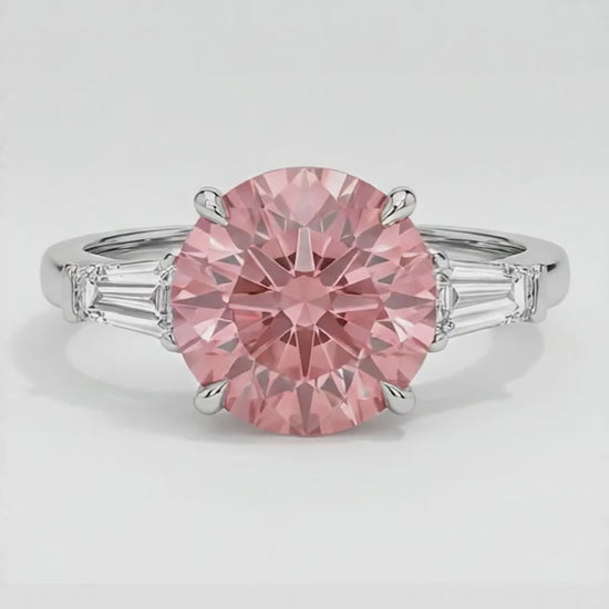 Round Padparadscha and White Baguette Three Stone Ring Natural Platinum