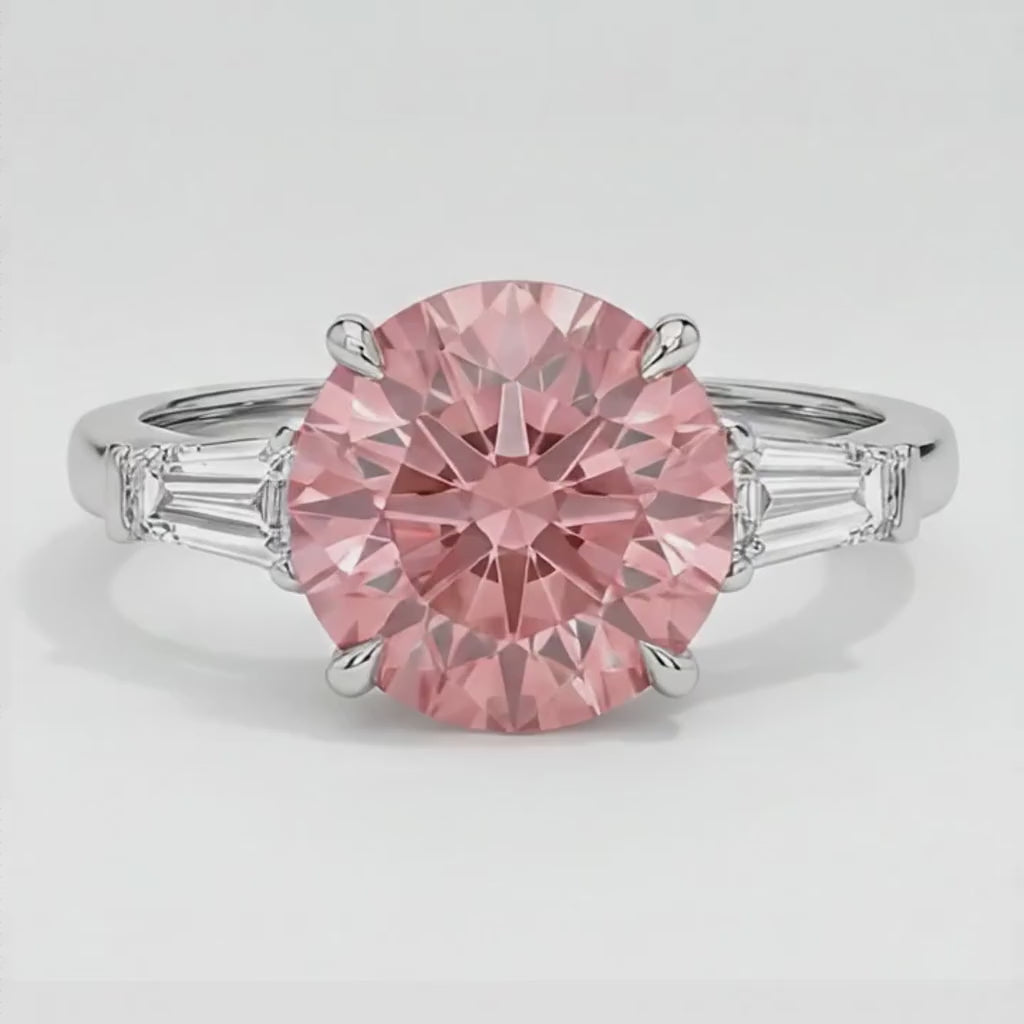 Round Padparadscha and White Baguette Three Stone Ring Natural Platinum