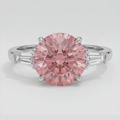 Round Padparadscha and White Baguette Three Stone Ring Natural Platinum