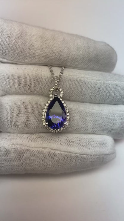 6.65 Ct. Pendant Necklace 14K Pear Tanzanite With Round Natural Earth Mined Diamonds