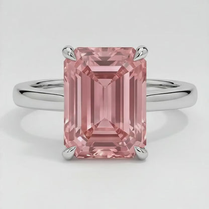 Emerald Cut Padparadscha Solitaire Ring Natural 14K White Gold