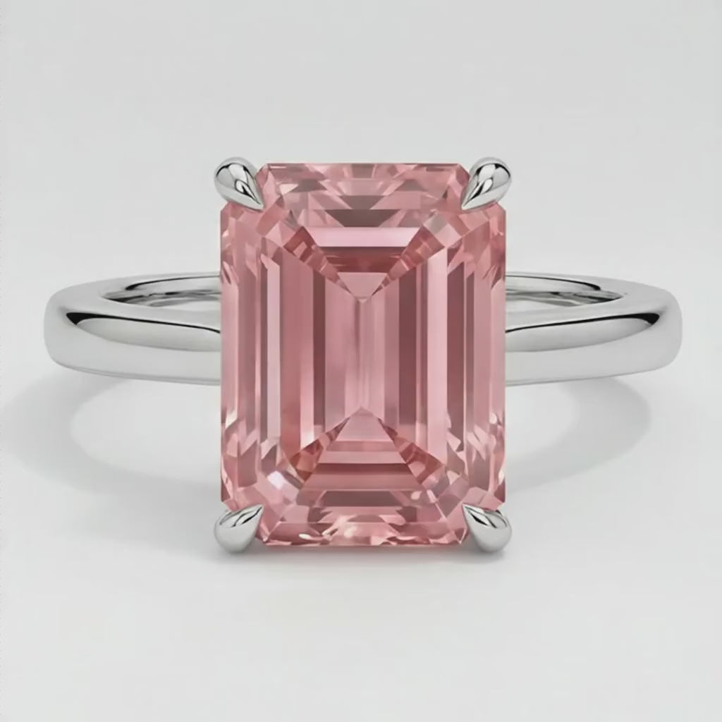 Emerald Cut Padparadscha Solitaire Ring Natural 14K White Gold