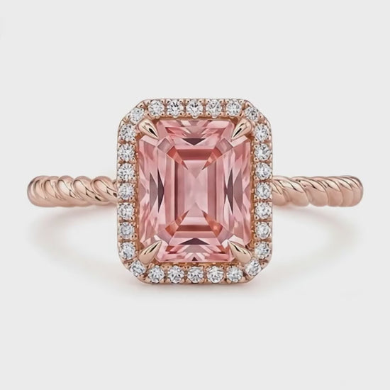 Emerald Padparadscha and White Diamond Halo Ring Natural 14K Rose Gold
