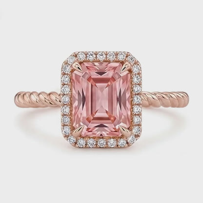 Emerald Padparadscha and White Diamond Halo Ring Natural 14K Rose Gold