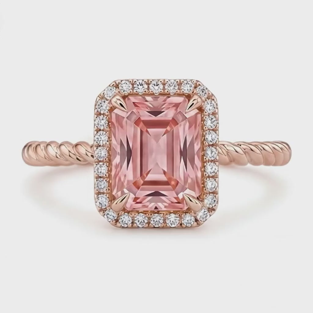 Emerald Padparadscha and White Diamond Halo Ring Natural 14K Rose Gold