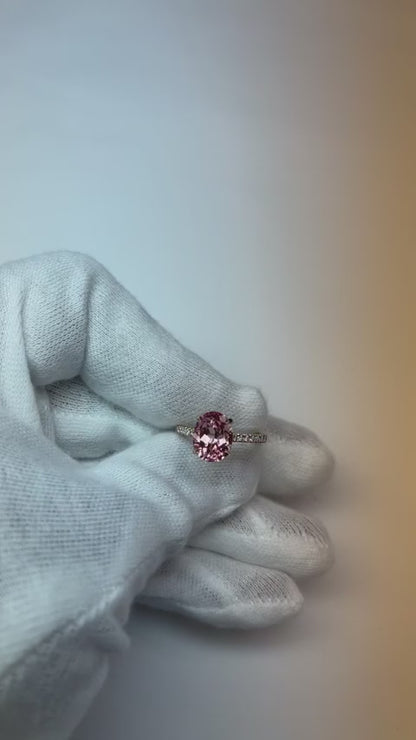 Padparadscha Sapphire Ring 4.3 Carat Lab Grown Oval Pave 14K Rose Gold