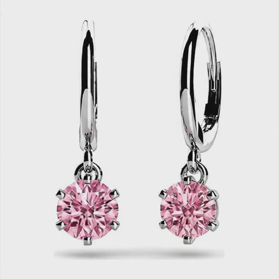 Round Pink Lab Grown Diamond Solitaire Leverback Earrings 14K White Gold