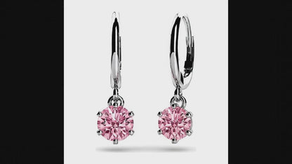 Round Pink Lab Grown Diamond Solitaire Leverback Earrings 14K White Gold