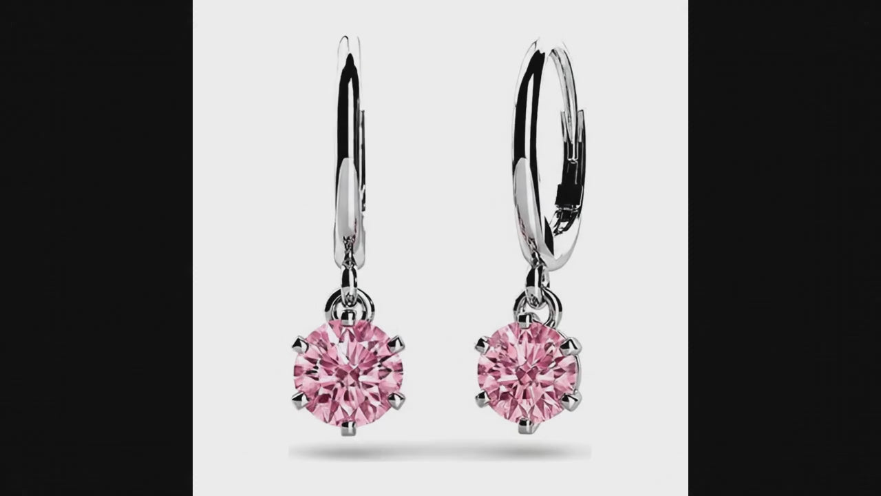 Round Pink Lab Grown Diamond Solitaire Leverback Earrings 14K White Gold