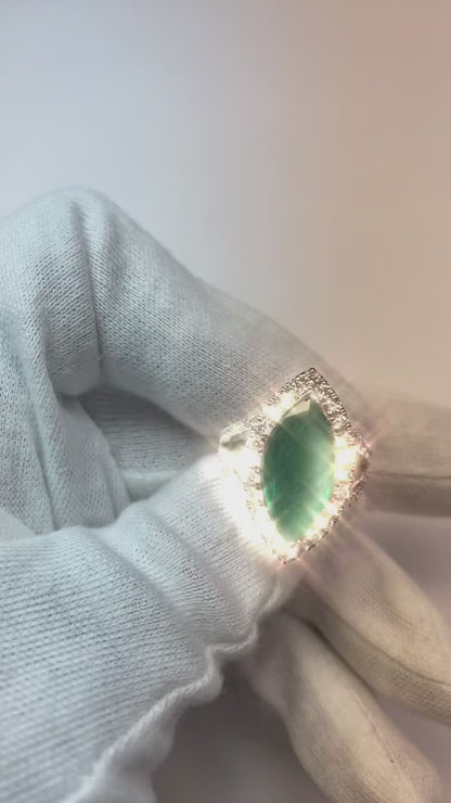 Marquise Cut Green Emerald & Round Natural Earth Mined Diamond 6.50 Carats Anniversary Ring