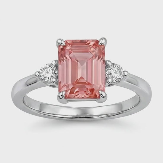 Emerald Padparadscha and White Diamond Three Stone Ring Natural 14K White Gold