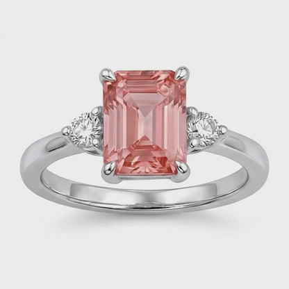 Emerald Padparadscha and White Diamond Three Stone Ring Natural 14K White Gold