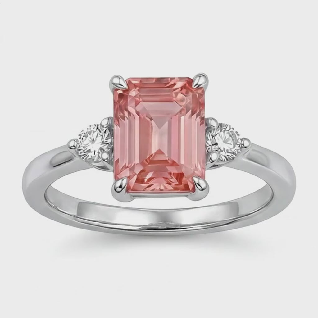 Emerald Padparadscha and White Diamond Three Stone Ring Natural 14K White Gold
