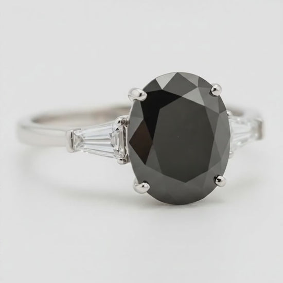 Oval Black Diamond and White Baguette Three Stone Ring Natural 14K White Gold