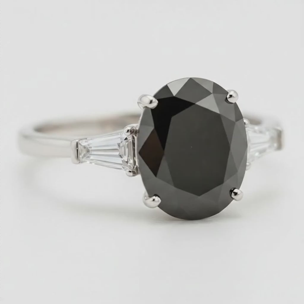 Oval Black Diamond and White Baguette Three Stone Ring Natural 14K White Gold