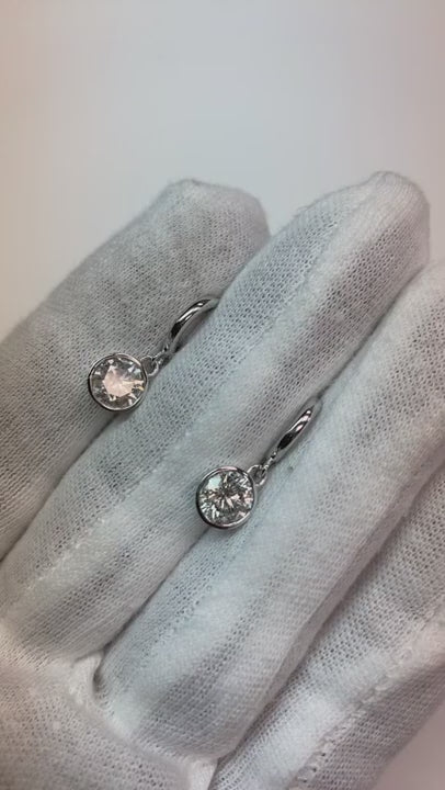 Drop Down Bezel Earrings Round Natural Earth Mined Diamond Pair 0.50 Carats White Gold 14K