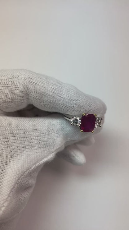 3 Stone Red Ruby And Natural Earth Mined Diamonds 4.50 Carats Ring 14K Gold
