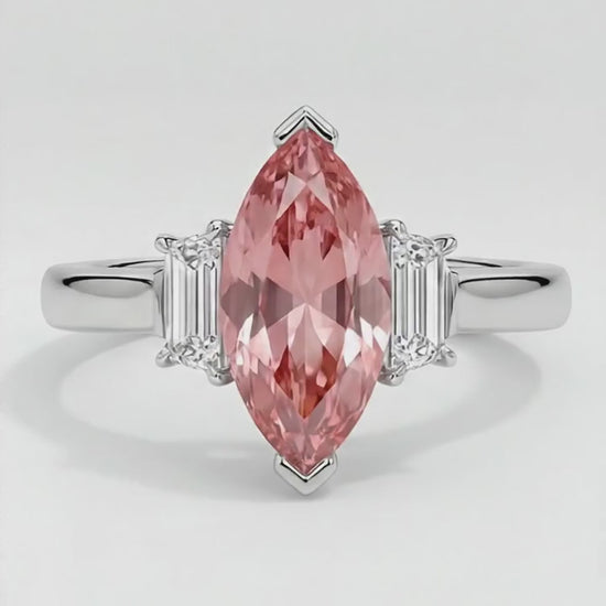 Marquise Padparadscha and White Baguette Three Stone Ring Natural Platinum