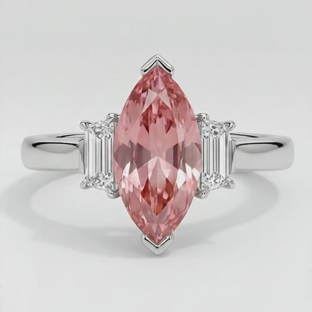 Marquise Padparadscha and White Baguette Three Stone Ring Natural Platinum