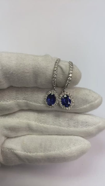 2.50 Carats Blue Oval Cut Sapphire Jewelry Diamond Drop Earring Gold