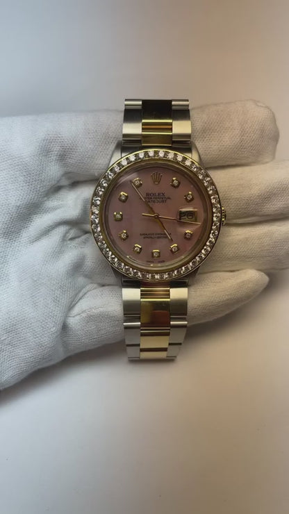 Pink Mother Of Pearl Diamond Dial 36 mm Rolex Datejust Two Tone Watch Oyster Bracelet