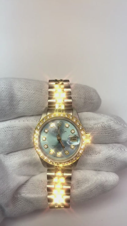Blue Diamond Dial Bezel Rolex Ladies Watch Date Just Ss & Gold