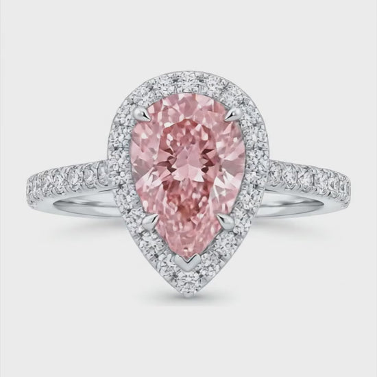 3.5 Carat Pear Pink Lab Grown Diamond and White Diamond Halo Ring 14K White Gold