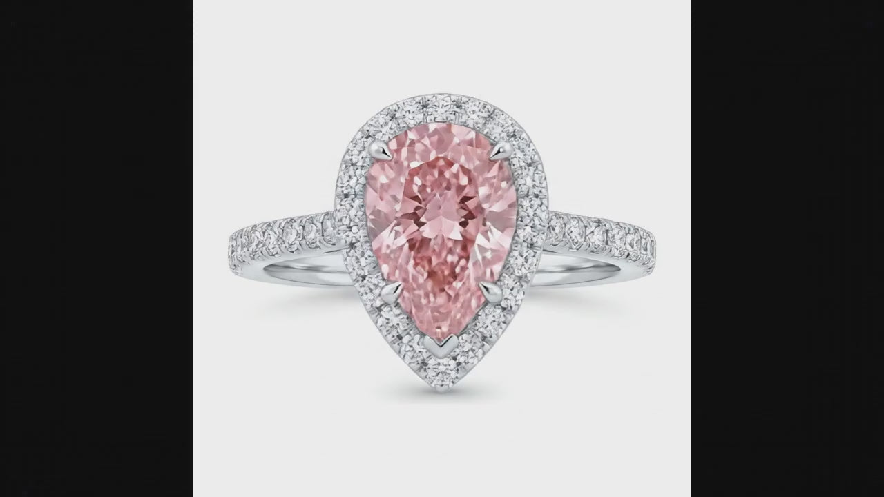 3.5 Carat Pear Pink Lab Grown Diamond and White Diamond Halo Ring 14K White Gold