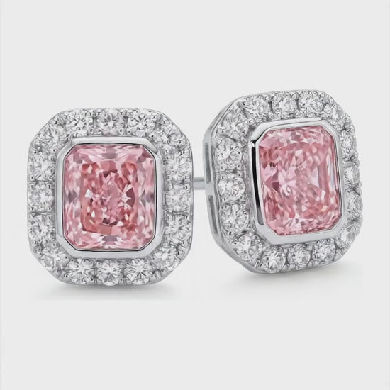 2 Carat Radiant Pink Lab Grown Diamond and White Diamond Halo Earrings 14K White Gold