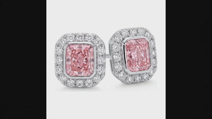 2 Carat Radiant Pink Lab Grown Diamond and White Diamond Halo Earrings 14K White Gold
