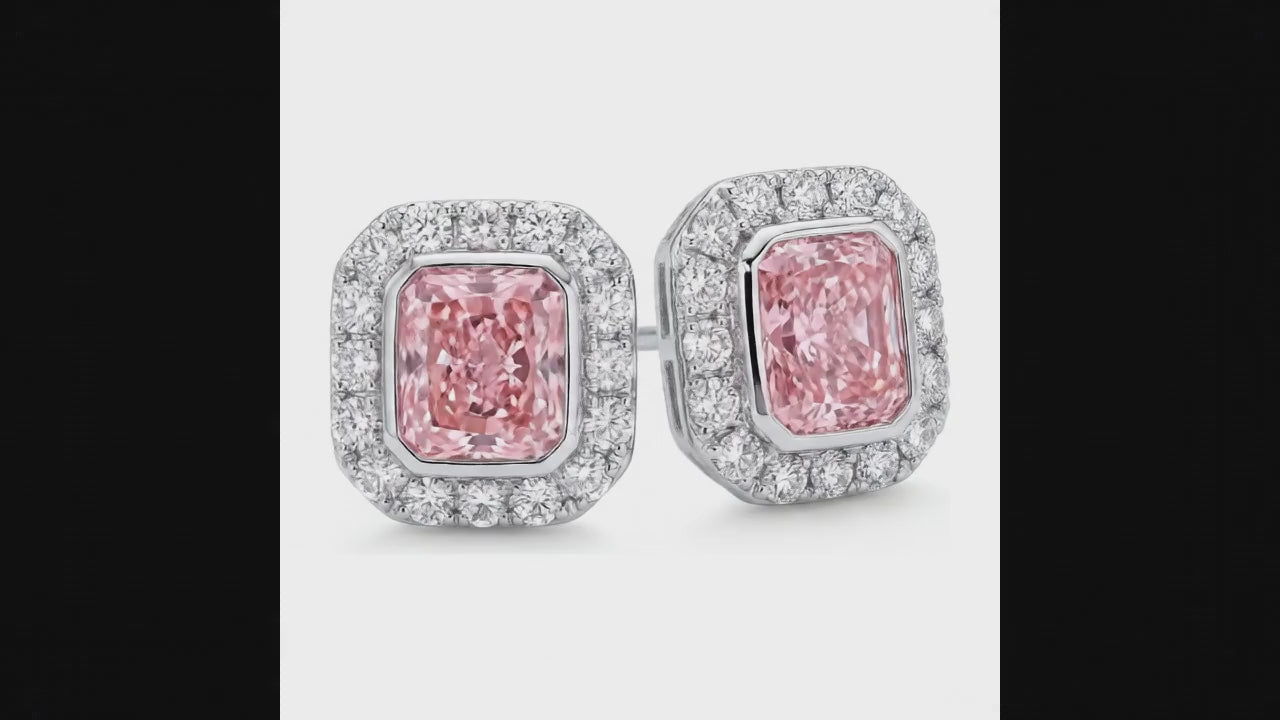 2 Carat Radiant Pink Lab Grown Diamond and White Diamond Halo Earrings 14K White Gold
