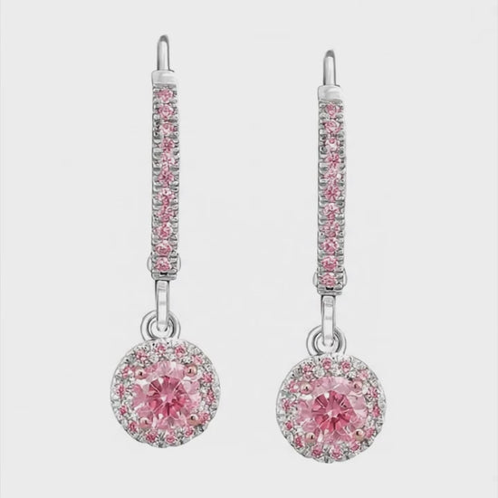 Round Pink Lab Grown Diamond Halo and Pink Diamond Pave Leverback Earrings 14K White Gold