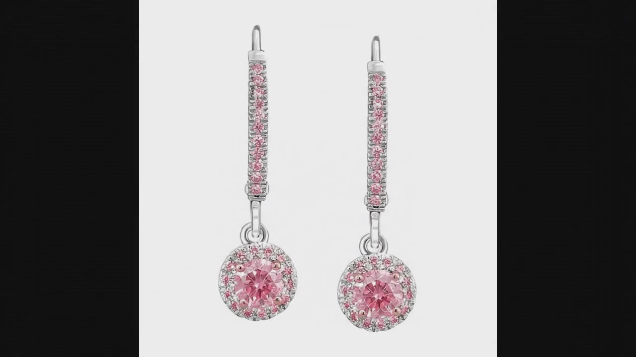 Round Pink Lab Grown Diamond Halo and Pink Diamond Pave Leverback Earrings 14K White Gold