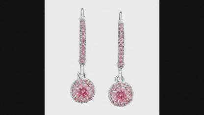 Round Pink Lab Grown Diamond Halo and Pink Diamond Pave Leverback Earrings 14K White Gold