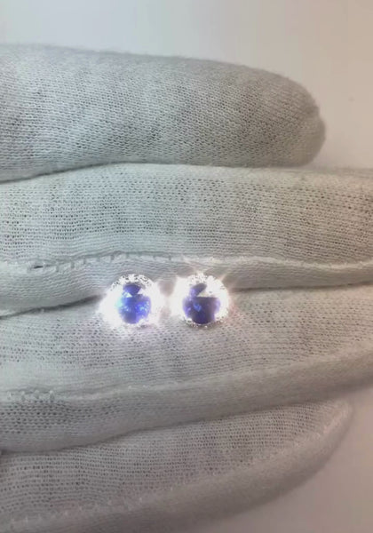 Round Ceylon Sapphire Diamond Cluster Earring White Gold 2.30 Ct.