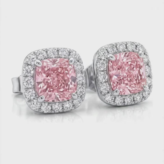 2.5 Carat Cushion Pink Lab Grown Diamond and White Diamond Halo Earrings 14K White Gold