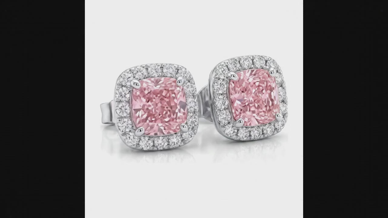 2.5 Carat Cushion Pink Lab Grown Diamond and White Diamond Halo Earrings 14K White Gold