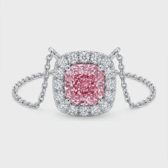 3.75 Carat Cushion Pink Lab Grown Diamond and White Diamond Halo Pendant 14K White Gold