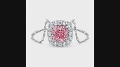 3.75 Carat Cushion Pink Lab Grown Diamond and White Diamond Halo Pendant 14K White Gold