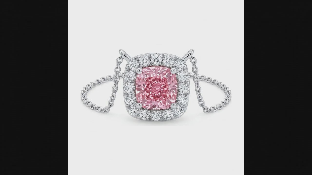 3.75 Carat Cushion Pink Lab Grown Diamond and White Diamond Halo Pendant 14K White Gold