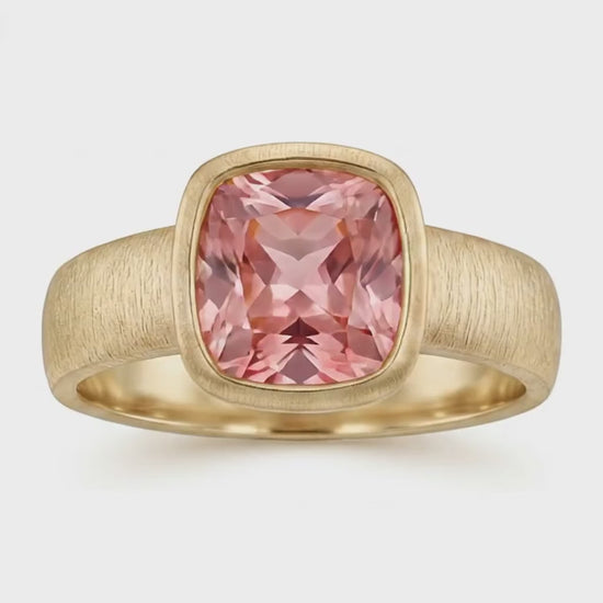 Cushion Lab Grown Padparadscha Bezel Solitaire Ring 14K Yellow Gold
