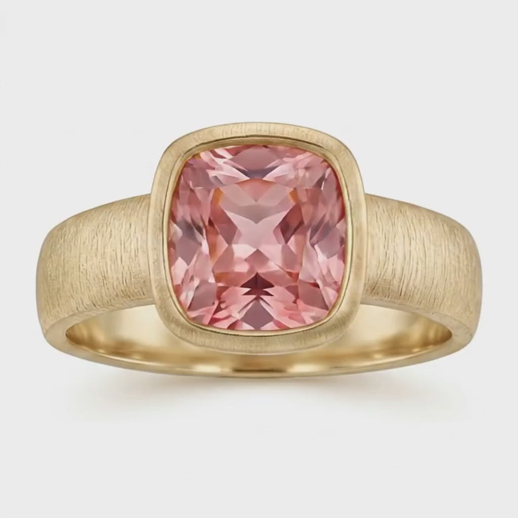 Cushion Lab Grown Padparadscha Bezel Solitaire Ring 14K Yellow Gold