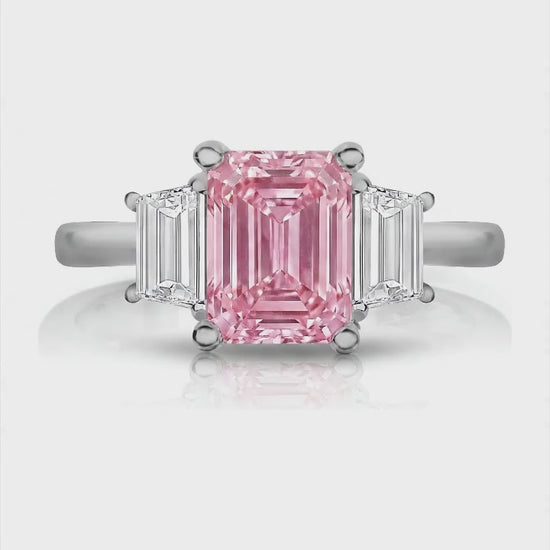 2.5 Carat Emerald Pink Lab Grown Diamond and White Diamond Three Stone Ring 14K White Gold