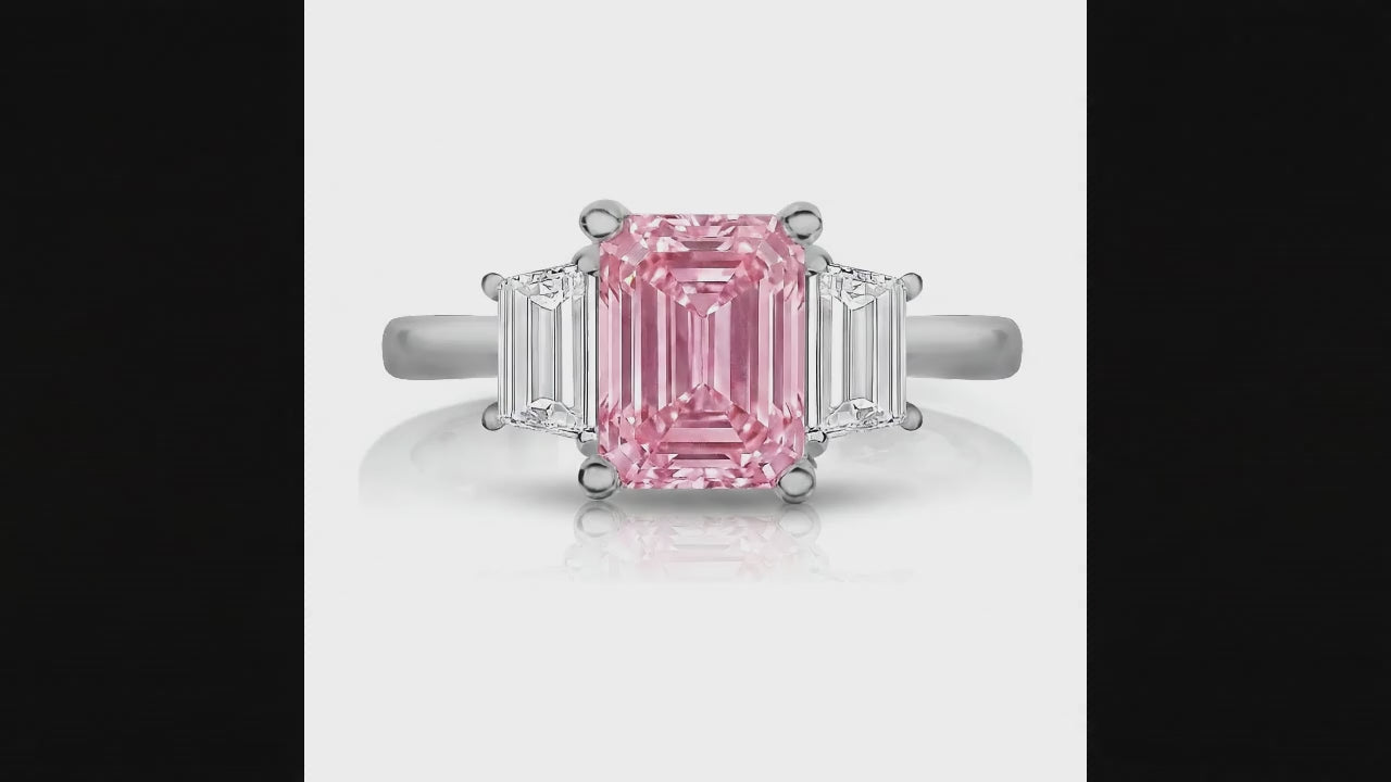 2.5 Carat Emerald Pink Lab Grown Diamond and White Diamond Three Stone Ring 14K White Gold