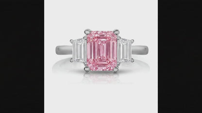 2.5 Carat Emerald Pink Lab Grown Diamond and White Diamond Three Stone Ring 14K White Gold