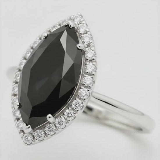 2 Carat Marquise Black Diamond and White Diamond Halo Ring Natural 14K White Gold