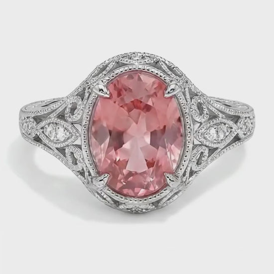 Oval Padparadscha and White Diamond Pave Ring Natural 14K White Gold