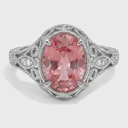 Oval Padparadscha and White Diamond Pave Ring Natural 14K White Gold