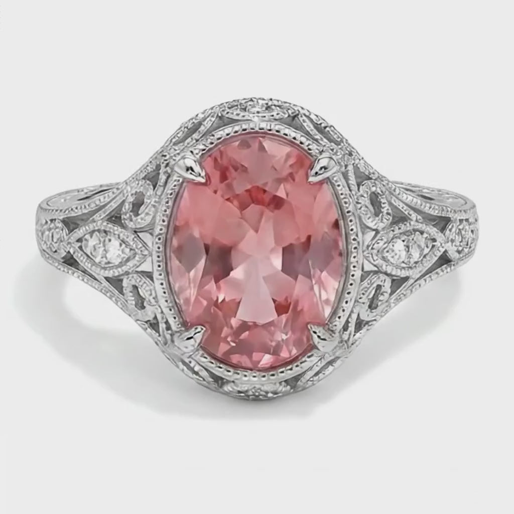 Oval Padparadscha and White Diamond Pave Ring Natural 14K White Gold